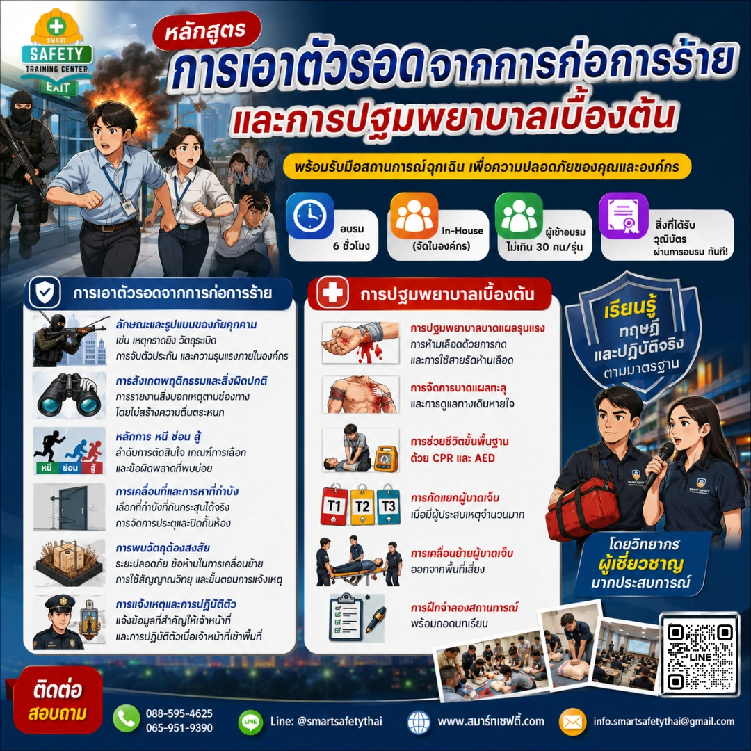 หลักสูตร การเอาตัวรอดจากการก่อการร้าย และการปฐมพยาบาลเบื้องต้น | อบรม In-House โดยสมาร์ทเซฟตี้