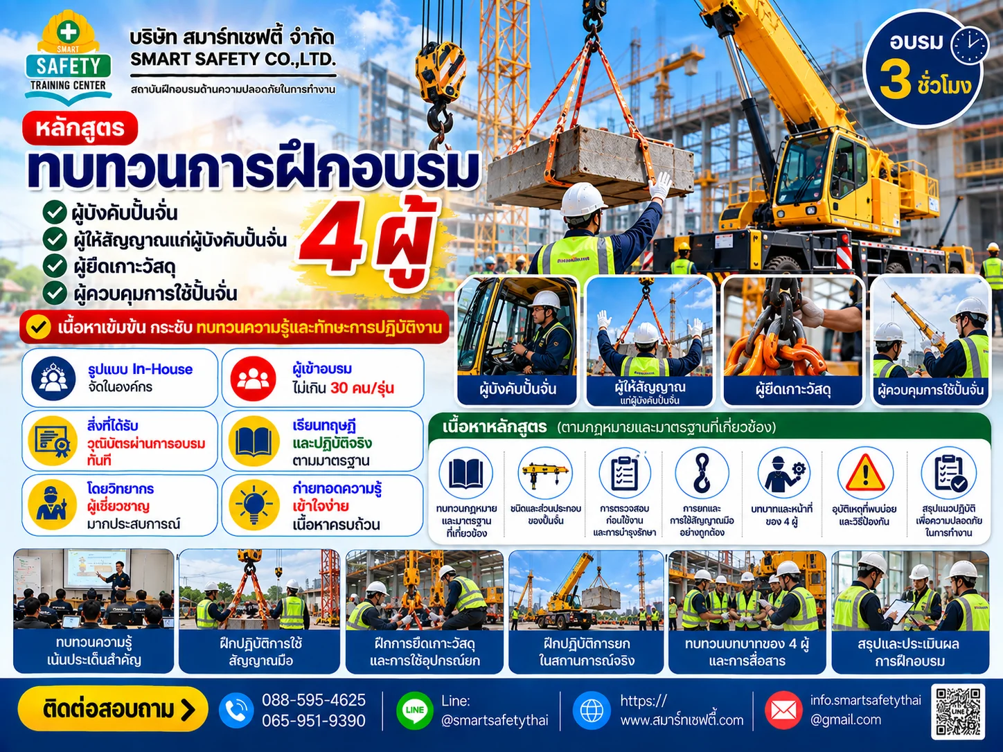 หลักสูตร ทบทวนการฝึกอบรมผู้บังคับปั้นจั่น ผู้ให้สัญญาณแก่ผู้บังคับปั้นจั่น ผู้ยึดเกาะวัสดุและผู้ควบคุมการใช้ปั้นจั่น 4 ผู้ | สมาร์ทเซฟตี้