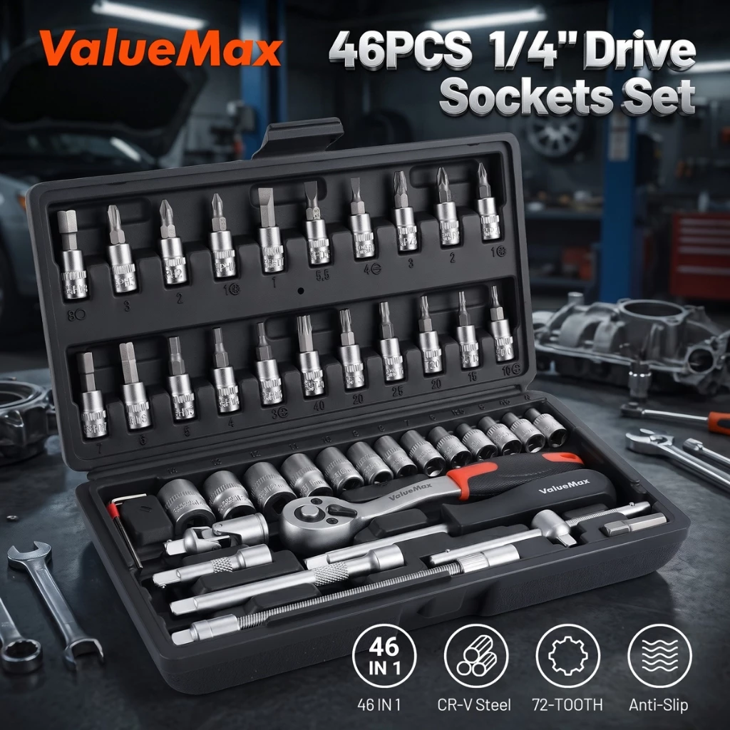 VALUEMAX ประแจบล็อก ไดรฟ์ซ็อกเก็ตชุดเครื่องมือ กล่องเครื่องมือ ชุดซ่อม 46ชิ้น 1/4"